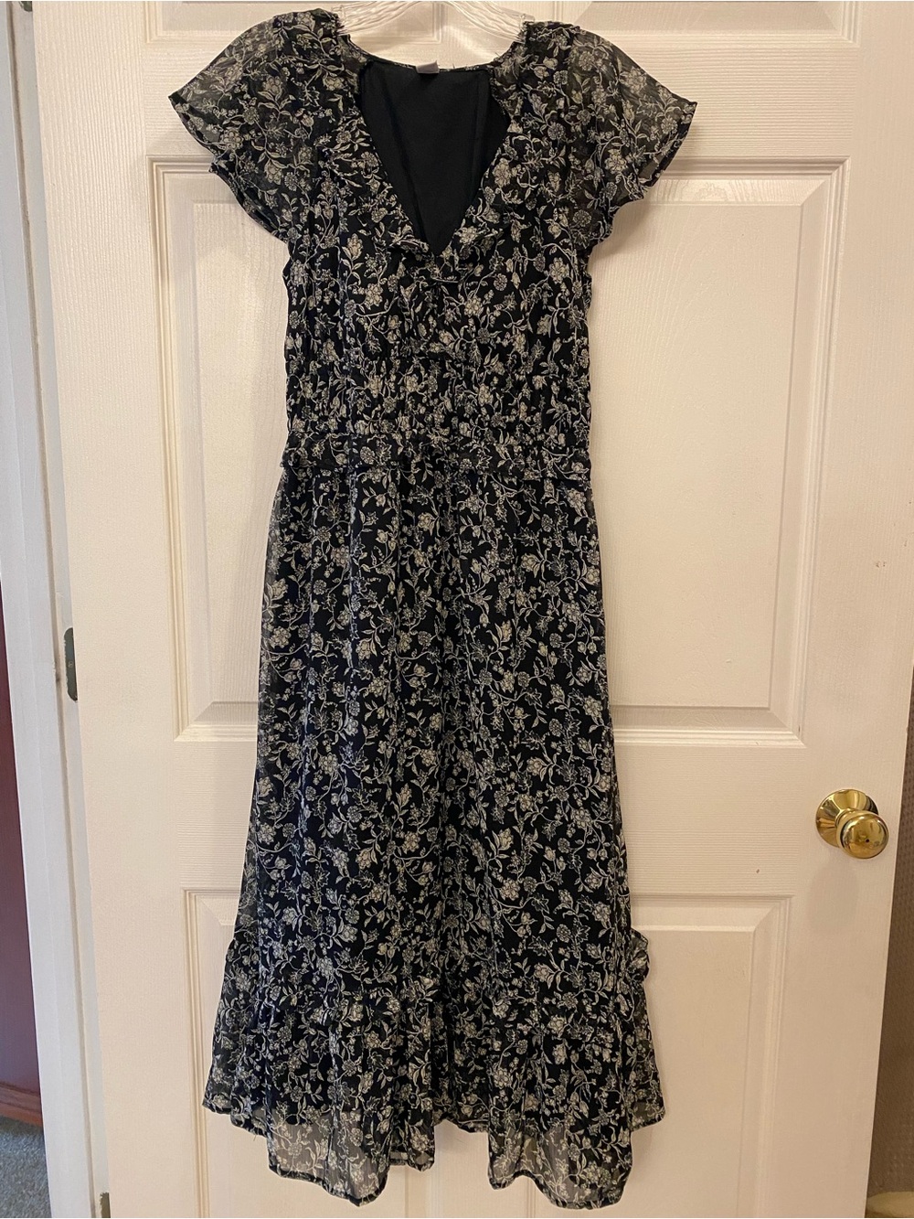 Old Navy Black Floral Midi Dress with White Print